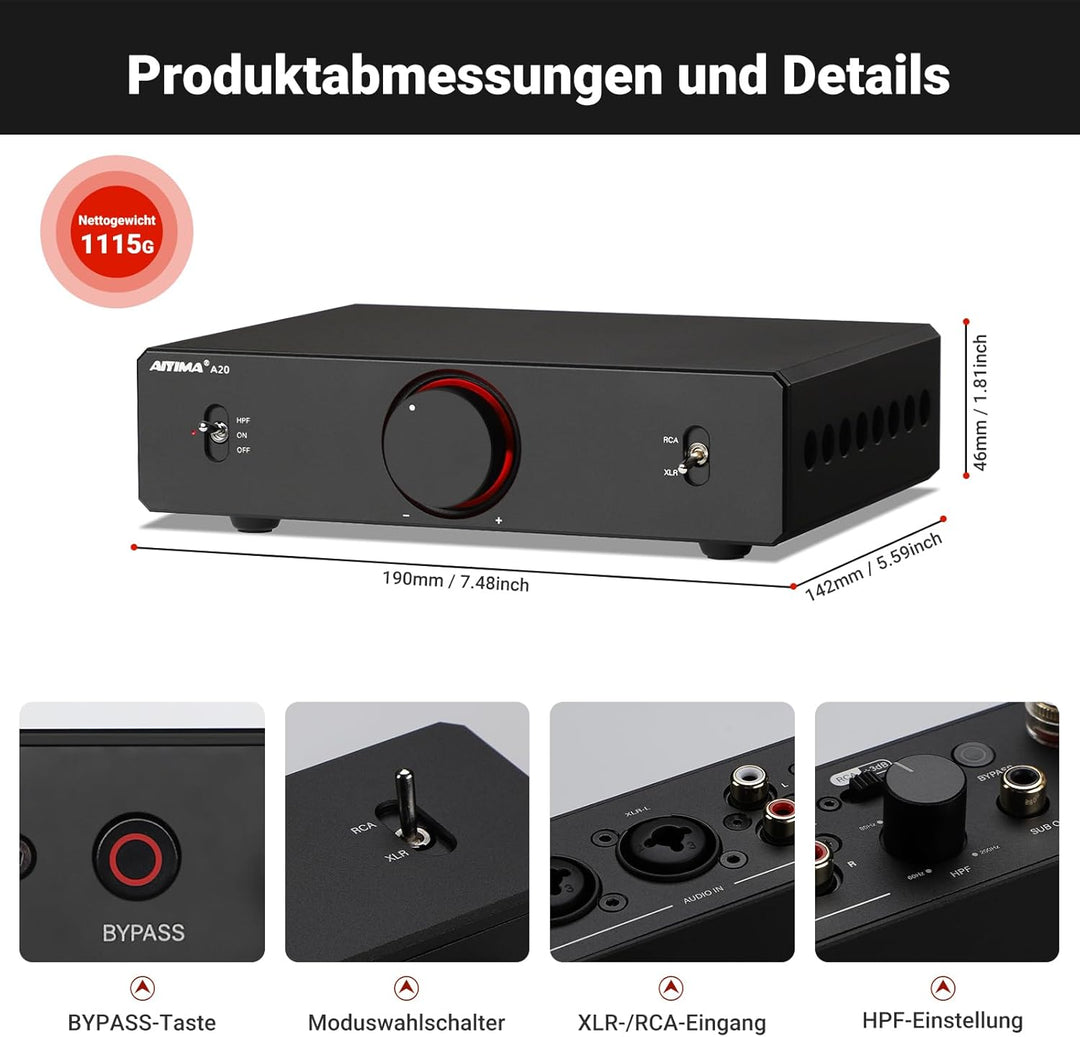 AIYIMA A20 Symmetrischer Stereoverstärker mit HPF-Einstellung Home HiFi 2.0/2.1 TPA3255 Desktop-Vers