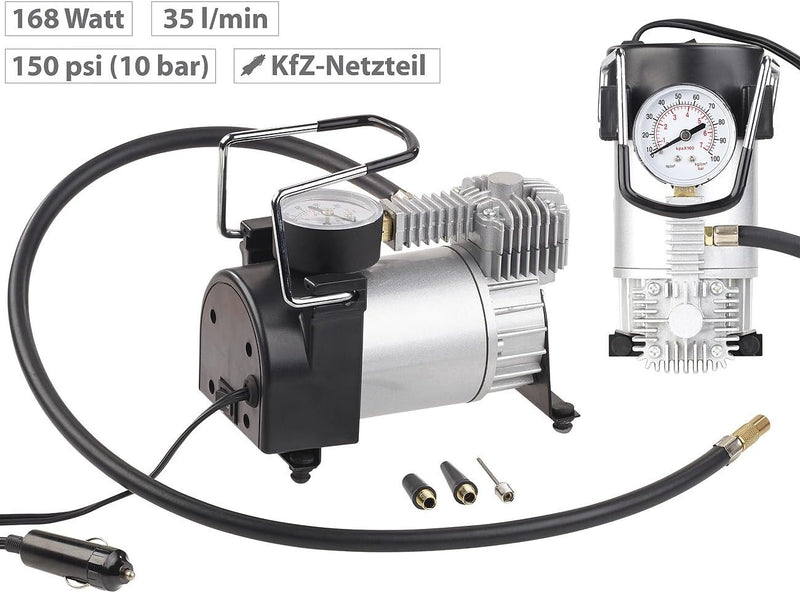 Lescars Minikompressor: Mini-Luft-Kompressor mit Manometer, 12 V, 100 psi, 168 Watt, 3 Adapter (Komp