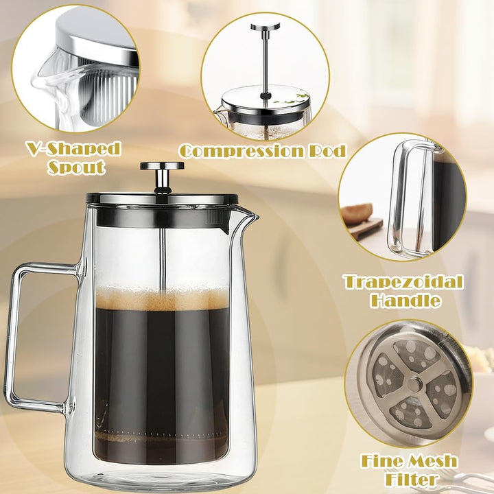FARYODI Kaffeepresse French Press 1 Liter, Glas Kaffeebereiter mit Permanent Edelstahl Filter, Therm