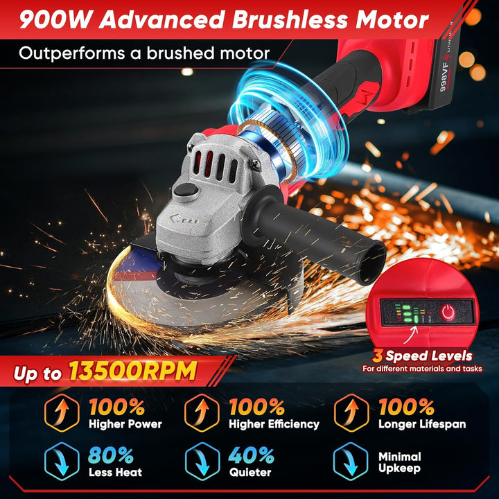 Akku Winkelschleifer 125 mm mit 2x 4000mAh Akku, 13,500RPM Bürstenloser -Winkelschleifer-Set mit Sch
