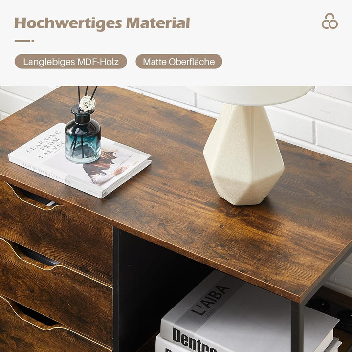 TUKAILAI Rollcontainer Holz, Aktenschrank mit 3 Schubladen und 2 offenen Fächern, Büroschrank mit Hä