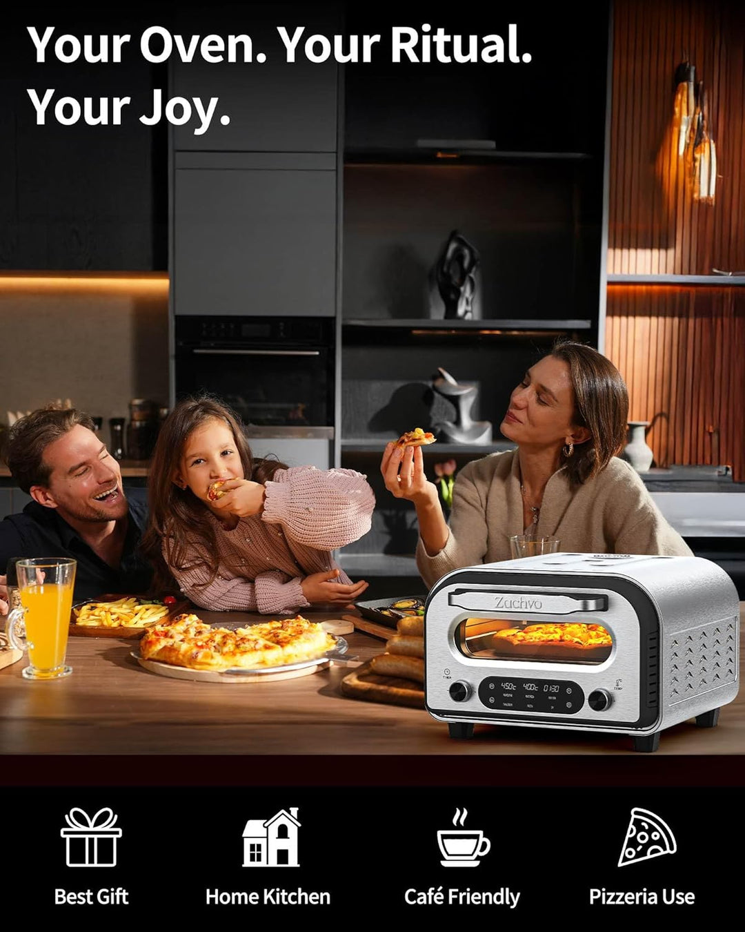 ZACHVO Elektrischer Pizzaofen - bis 450℃, 5 voreingestellte Pizzaarten, 1-60 Min Timer, Touchscreen
