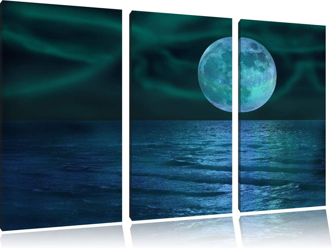 ruhiges Meer mit Vollmond schwarz/weiss 3-Teiler Leinwandbild 120x80 Bild auf Leinwand, XXL riesige