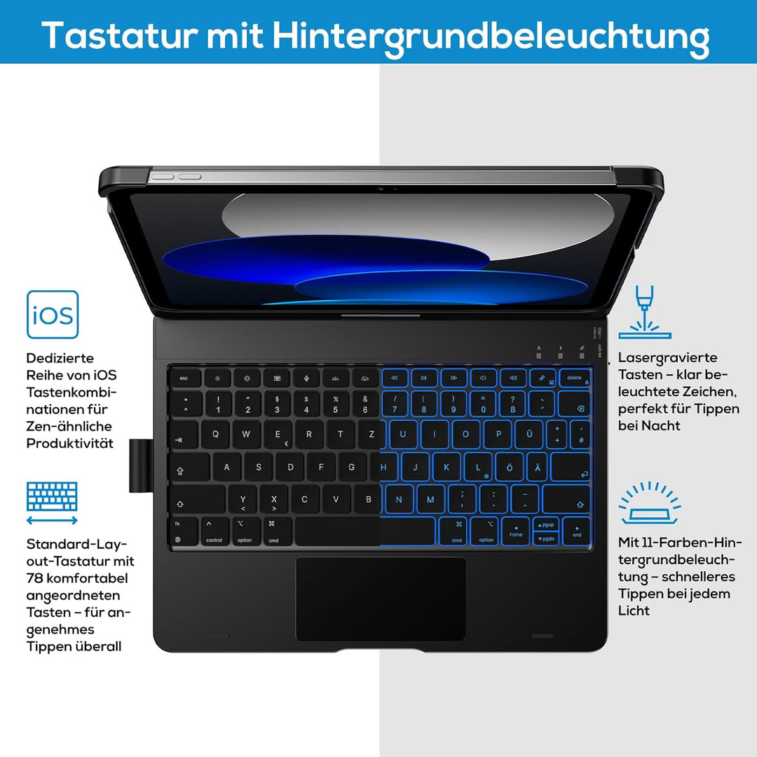 typecase Hülle mit Tastatur für iPad A16 11 Generation 2025/10 Generation (10,9", 2022),360°drehbar,
