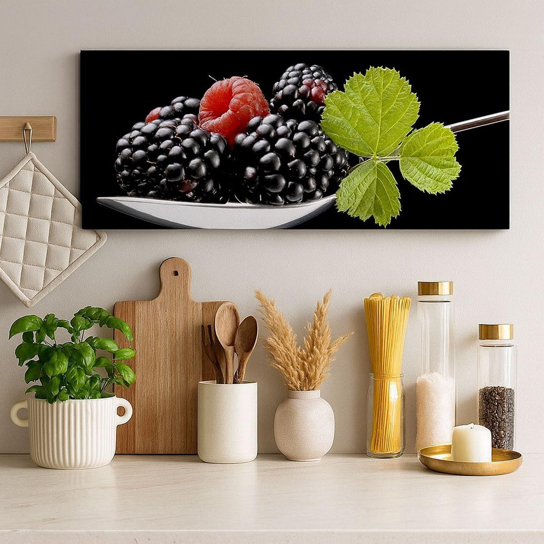 Wandbilder Dekoration Wohnzimmer Löffel Himbeere Brombeere Frucht Panorama Bilder auf Leinwand 120x5