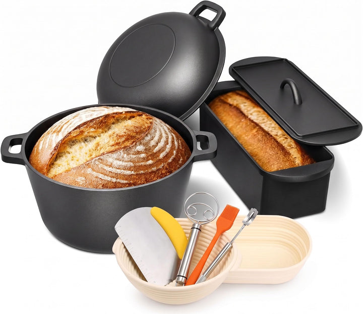 GFTIME Gusseisen Topf 26cm Brot Backen inkl. Brotbackform mit Deckel inkl. Gärkorb - Robuste Brotbac