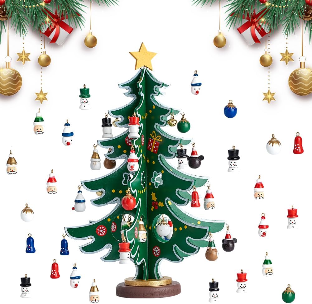 Douthfolle Adventskalender 2023 Kinder mit Hölzerner Weihnachtsbaum und 30 Ornamenten,24 Tage Weihna