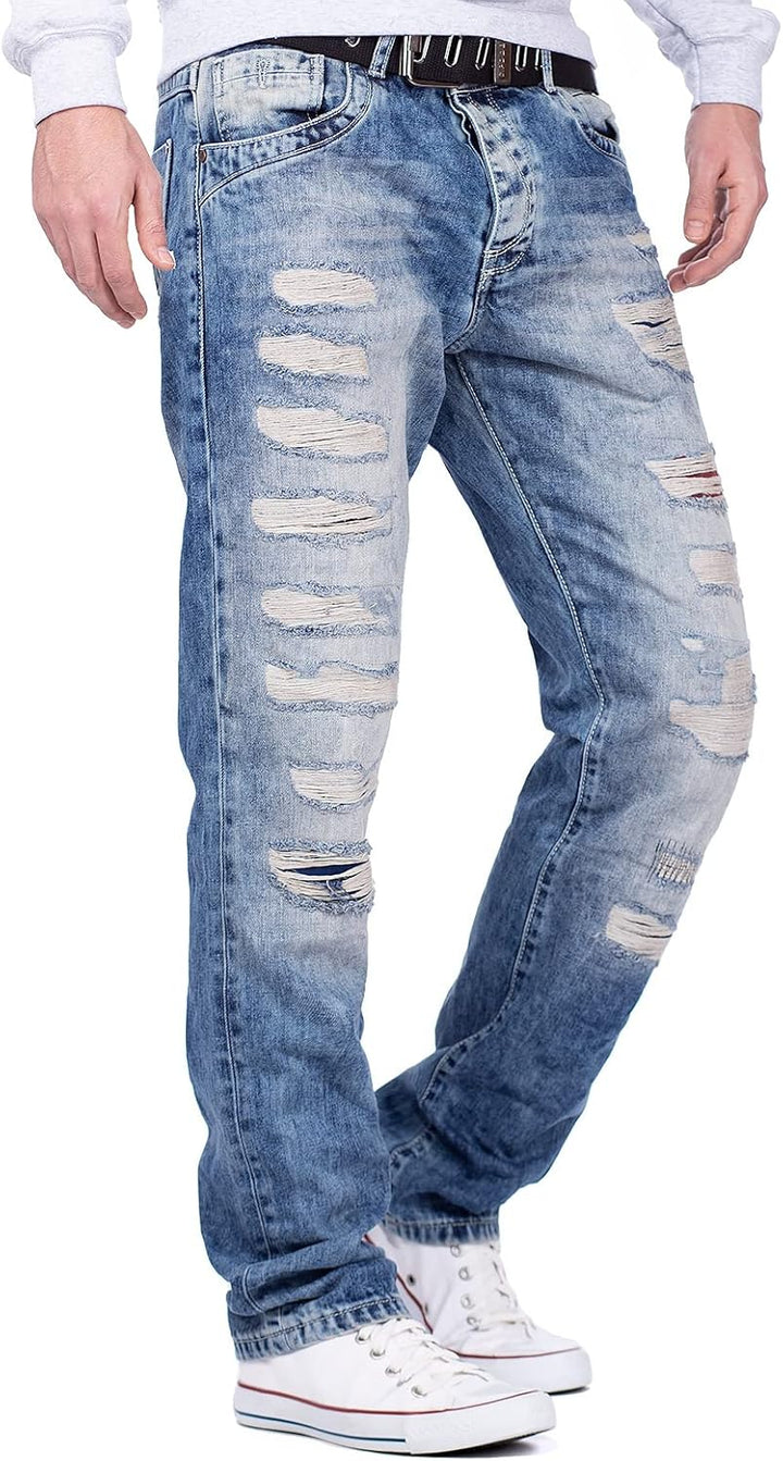 Cipo & Baxx Herren Jeans – Regular Fit Denim Hose für Männer, Destroyed und Used Look, Bikerstyle, C