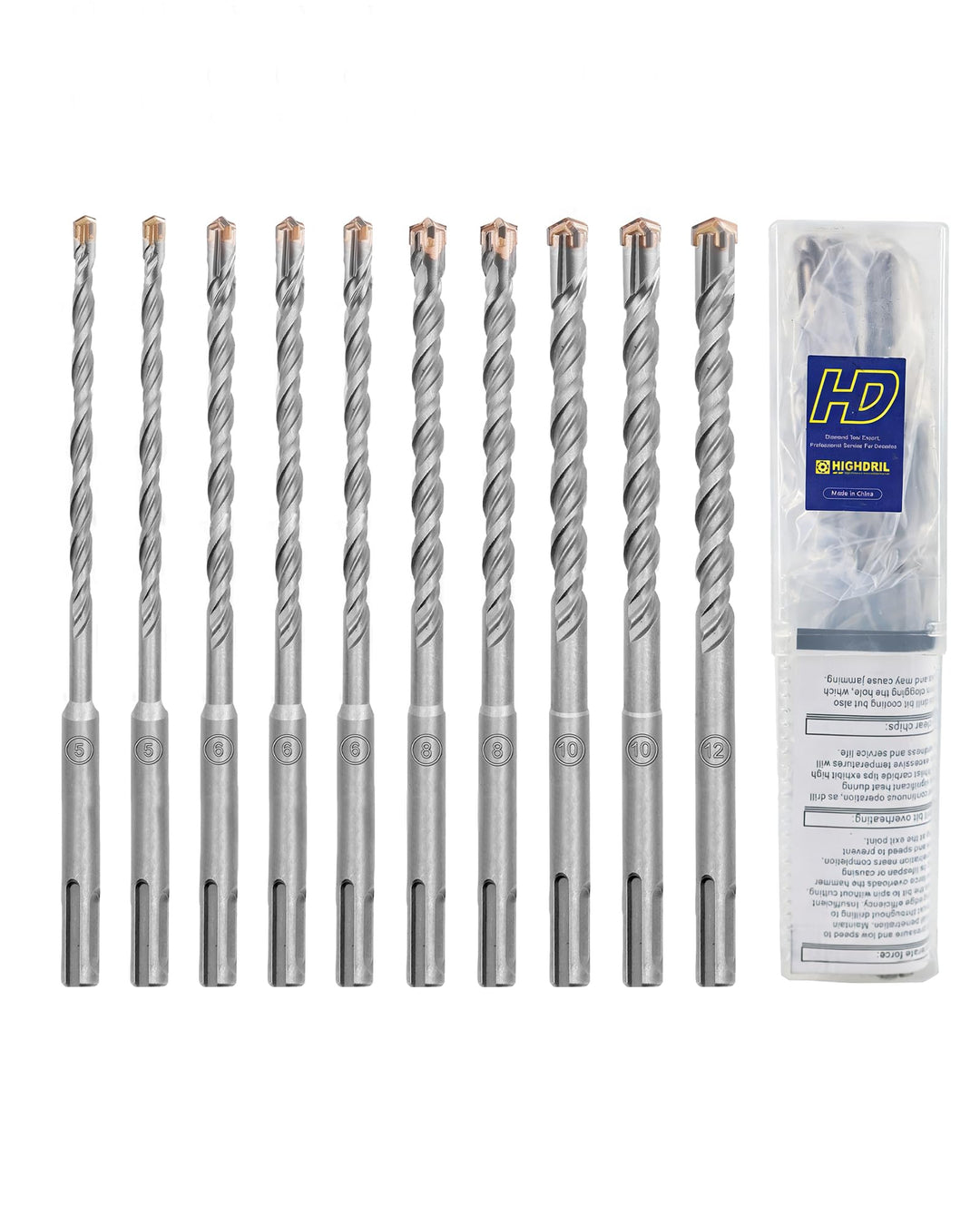 HIGHDRIL Betonbohrer Set- 10-teilig 5-12mm (160mm Länge) Hammer-Bohrer-Set, SDS Plus Bohrer Set für