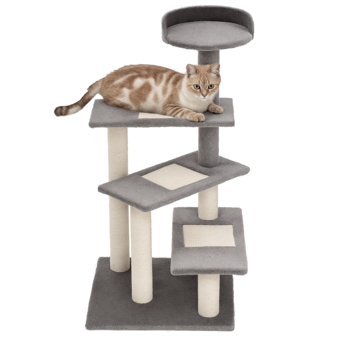 PawHut Kratzbaum 100 cm mit Sisalstämme für kleine Katzen Beige+Grau | Grosse Plattform, Mehrstöckig