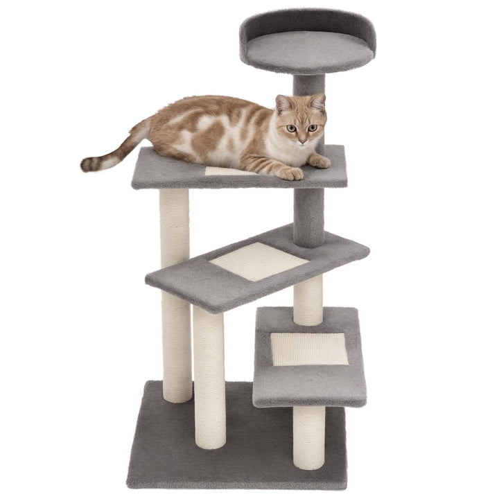 PawHut Kratzbaum 100 cm mit Sisalstämme für kleine Katzen Beige+Grau | Grosse Plattform, Mehrstöckig