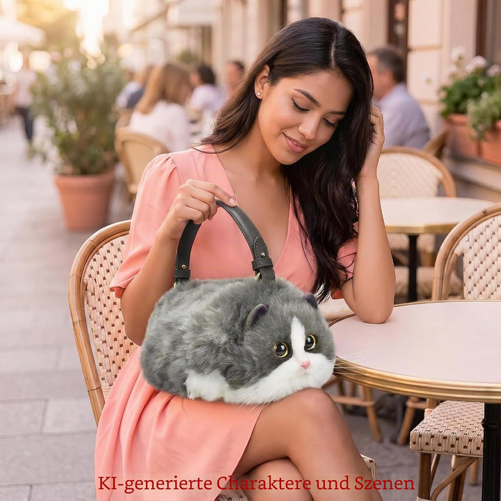 HUIJUFU Realistische Puffy-Plüsch-Katzentasche in Form einer Umhängetasche für Frauen (blau weiss) B