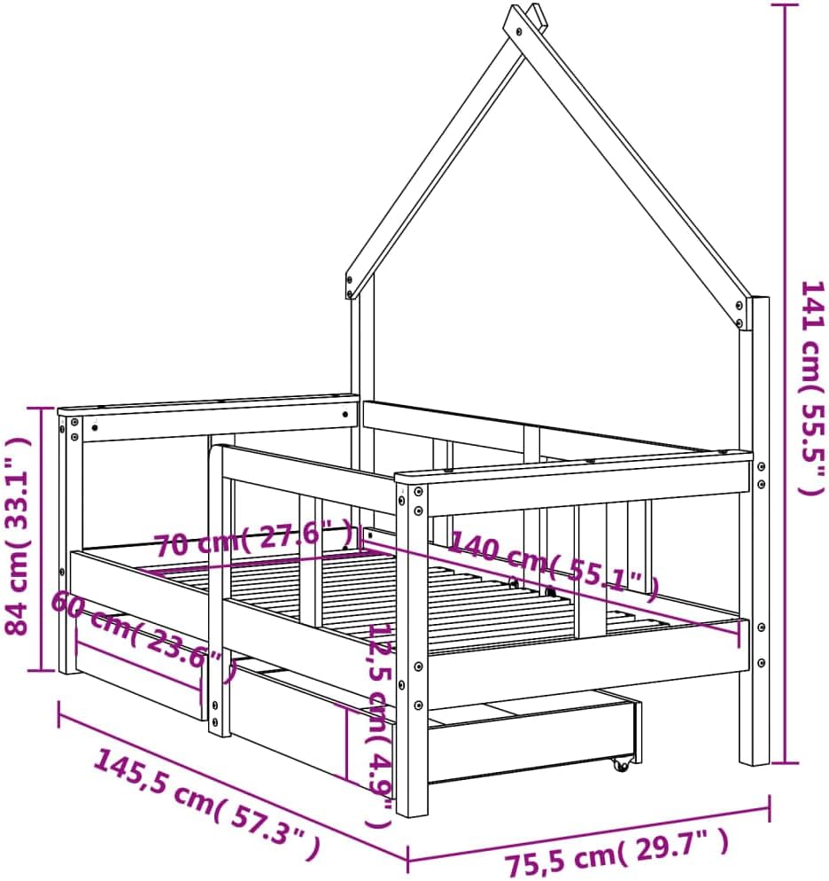 Festnight Hausbett 70x140 cm mit Schubladen ohne Matratze, Kinderbett mit Schubladen, Kinder Haus Be