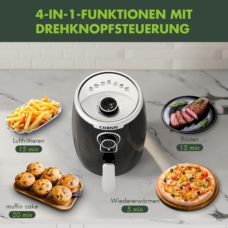 COBNN 2L Mini-heissluftfritteuse, Fritteuse mit Heissluft, 4-in-1-Funktionen, Einstellbarer Timer un