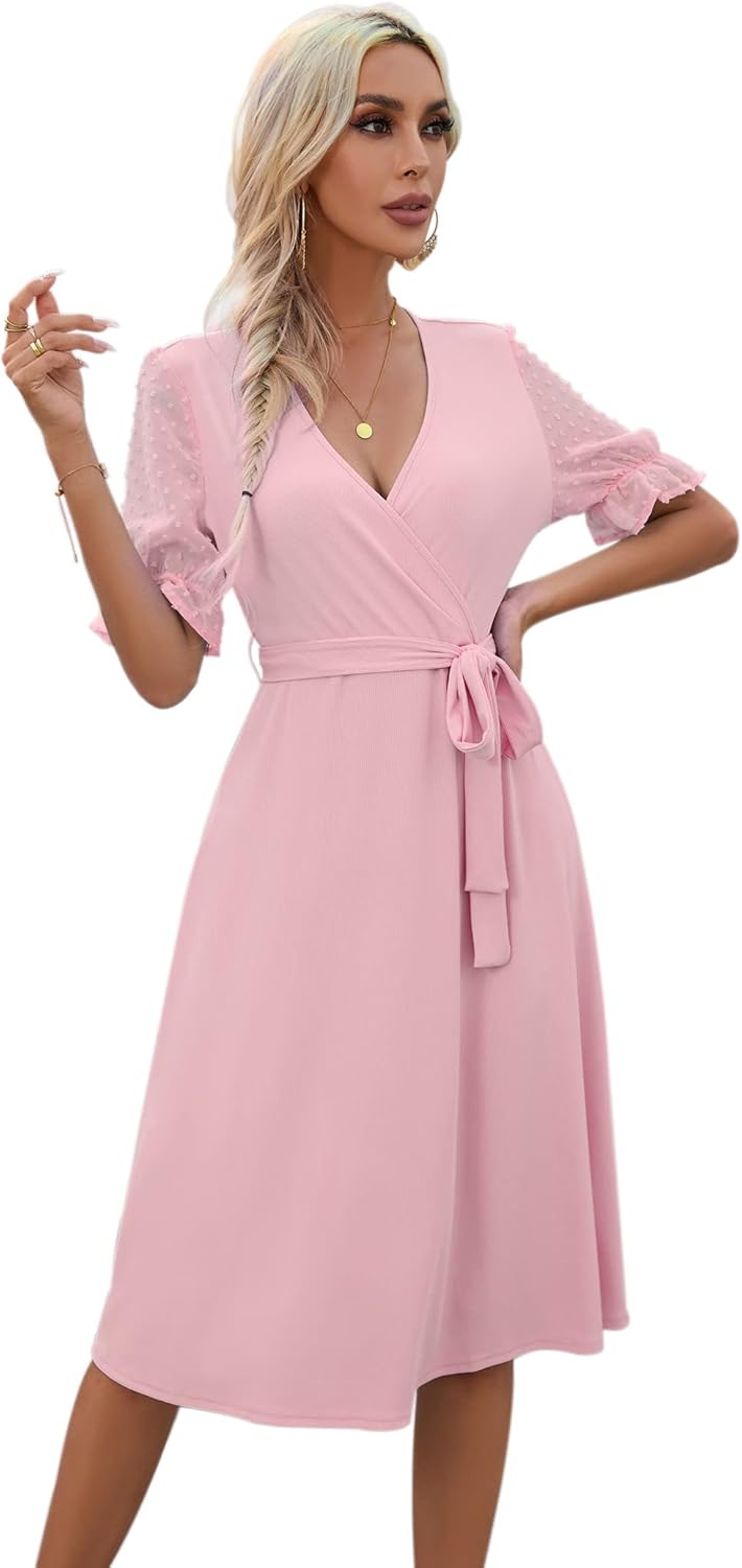 KOJOOIN Damen Kleid Strickkleider Pulloverkleid Elegant A-Line Tunika V-Ausschnitt Langarm Midikleid