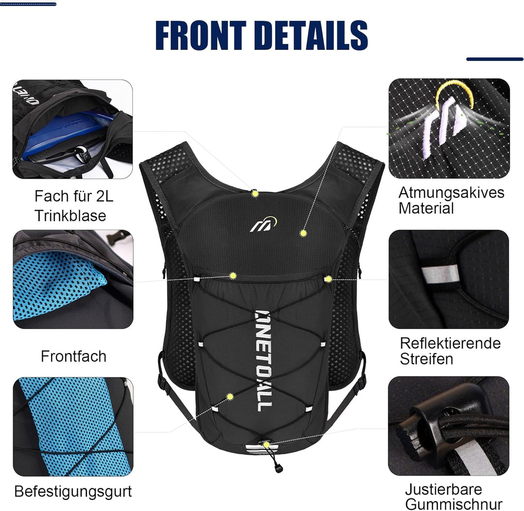 Laufweste Damen mit 500ml Trinkflasche/2L Trinkblase, Leichter Trinkrucksack Laufen Herren 6L, Runin