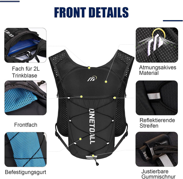 Laufweste Damen mit 500ml Trinkflasche/2L Trinkblase, Leichter Trinkrucksack Laufen Herren 6L, Runin
