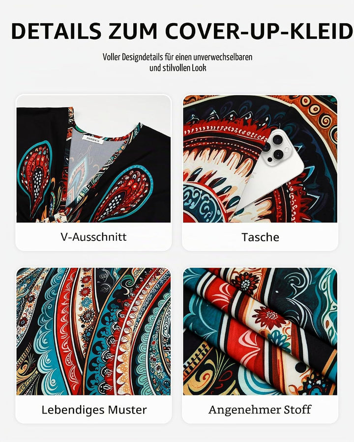 Bsubseach Damen Strandkleid Ethnic Print Kaftan Beach Maxi Kleider A-Schwarz, A-Schwarz