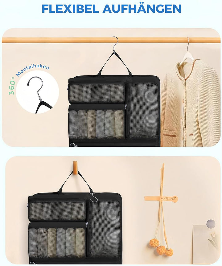 WANDF 6-in-1 Packing Cubes Koffer Organizer mit 360°-Aufhängehaken, Wasserabweisende Packwürfel Komp