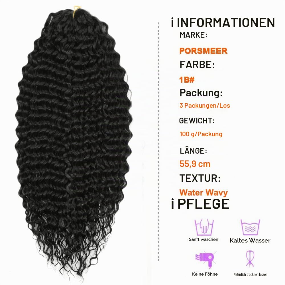 PORSMEER 22 Zoll 3 Packs Tief Twist Crochet Hair Schwarz für Butterfly Locs Crochet Braids Bohemian