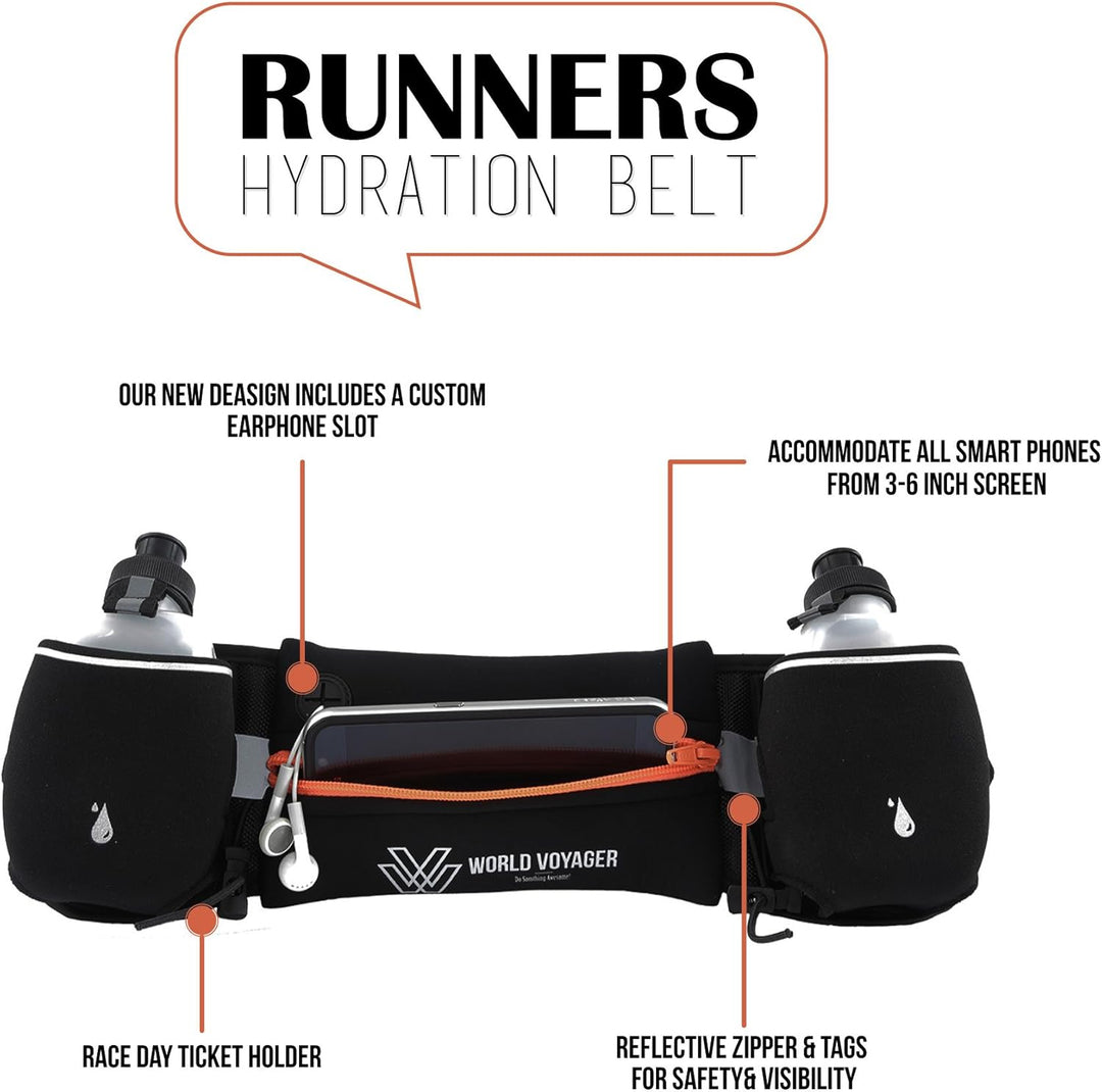 World Voyager Premium Qualität No Bounce Läufer Hydration Gürtel mit Reflektoren, Smartphone Pocket