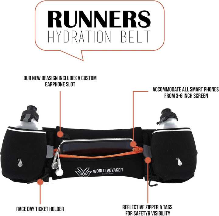 World Voyager Premium Qualität No Bounce Läufer Hydration Gürtel mit Reflektoren, Smartphone Pocket