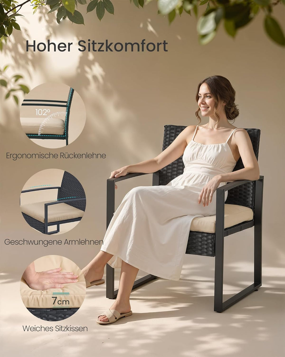 SONGMICS Balkonmöbel, Gartenmöbel-Set, aus PE-Polyrattan, Lounge-Set, Tisch und 2 Stühle, Terrassenm