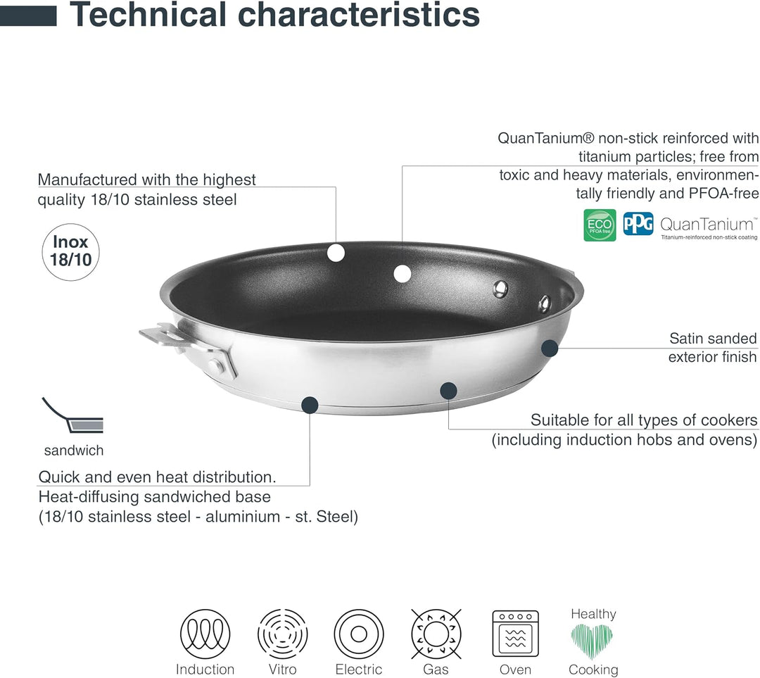 LACOR - 56820 - Kombi-Bratpfannenkörper, Edelstahl 18/10, QuanTanium® Antihaftbeschichtung, PFOA-fre