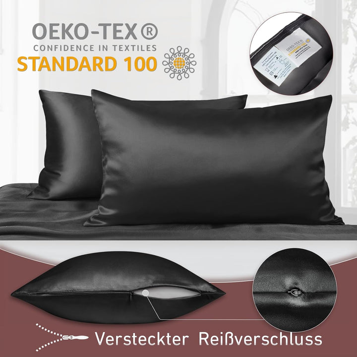 Joyhabit Seidenkissenbezug 40x80, Schwarz, 16MM Silk Pillowcase aus 100% Bio Maulbeerseide, Super fü