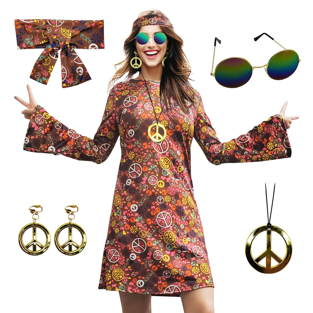 MRYUWB 70er-Hippie-Kleid, Kostüm für Damen, mit Halskette, Ohrringen, Sonnenbrille, Disco-Outfit, 60