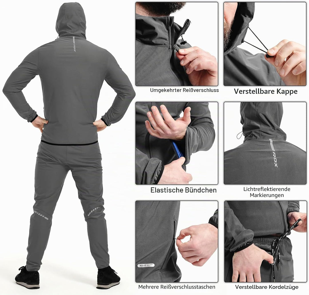 RDX Schwitzanzug Zum Abnehmen, Saunaanzug REACH Konform, Kapuzen Anzug Sauna Suit Sweatanzug Sportan