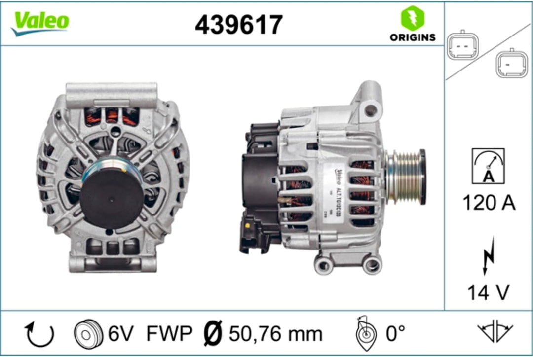 VALEO 439617 Generator Ladestrom des Generators: 120 Amp Rippen: 6 rippen Riemenscheibe Ø: 51 mm Spa