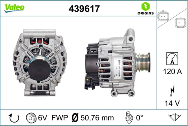 VALEO 439617 Generator Ladestrom des Generators: 120 Amp Rippen: 6 rippen Riemenscheibe Ø: 51 mm Spa