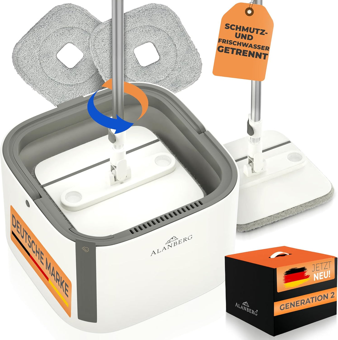 Wischmopp Set mit Eimer Gen 2, Bodenwischer mit 360°-Selbstauswring-Flachwischer, Doppelkammer-Syste