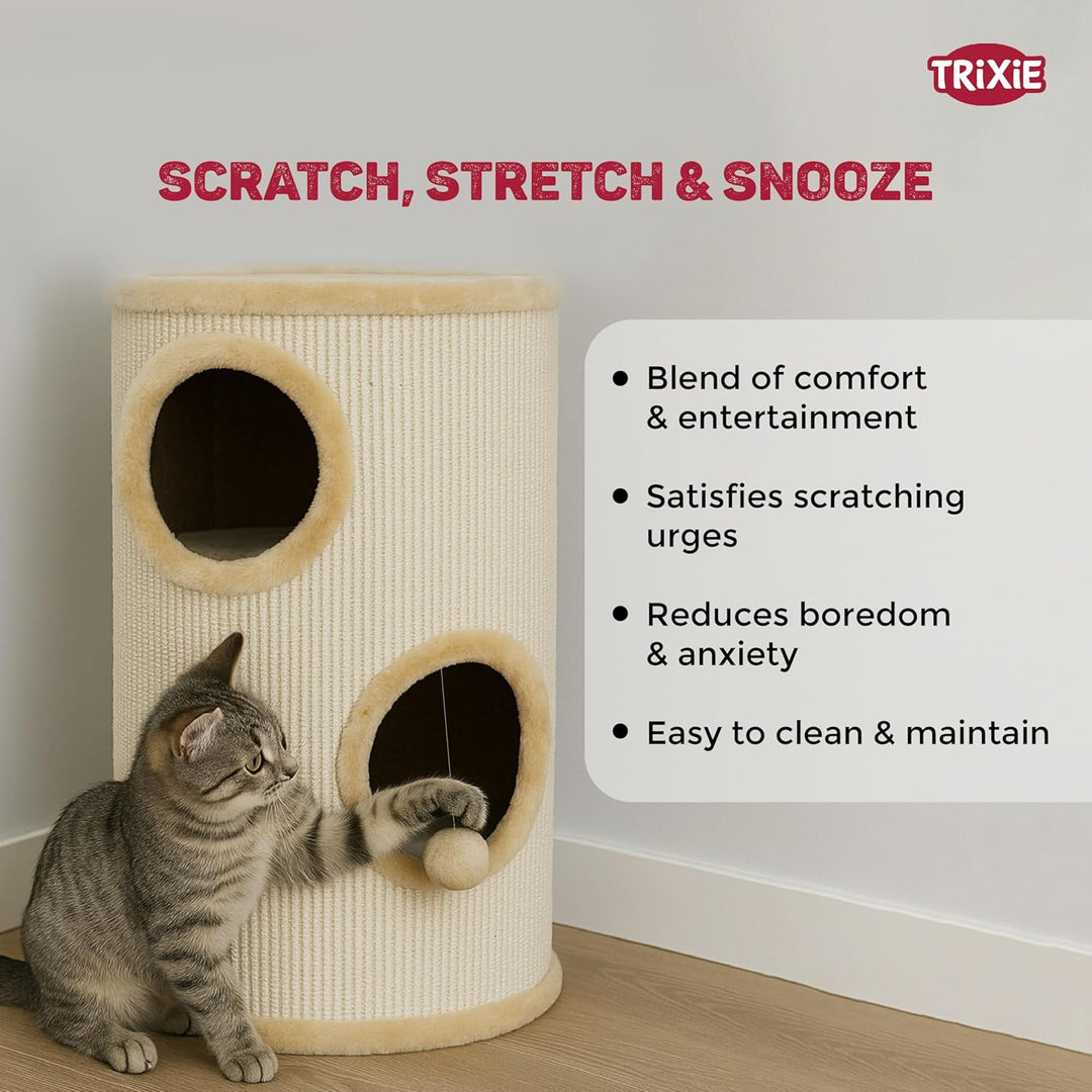 TRIXIE Kratztonne für Katzen Samuel 70 cm in natur/beige – dreistöckige Katzentonne mit gepolsterter