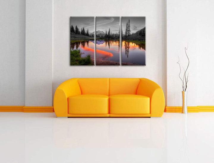 Sonnenaufgang an kleinem Bergsee schwarz/weiss 3-Teiler Leinwandbild 120x80 Bild auf Leinwand, XXL r