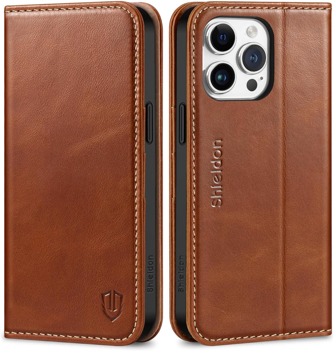 SHIELDON Hülle für iPhone 15 Pro Max, Handyhülle [Echtleder] [Kartenfach] [Magnet] [Stand] [RFID Blo