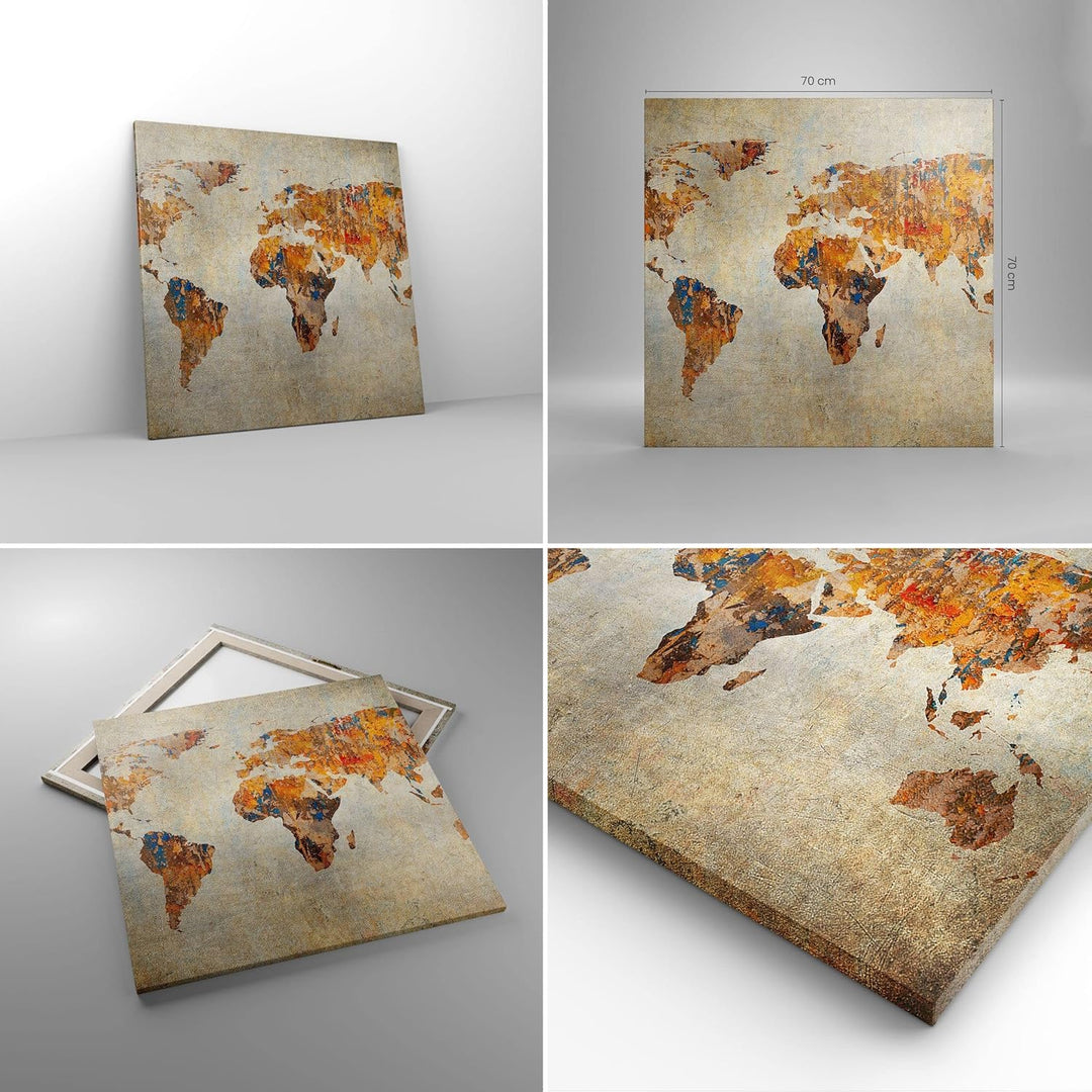 Bilder auf Leinwand 70x70cm Leinwandbild Welt Karte Kontinente Geographie Gross Wanddeko Bild Schlaf