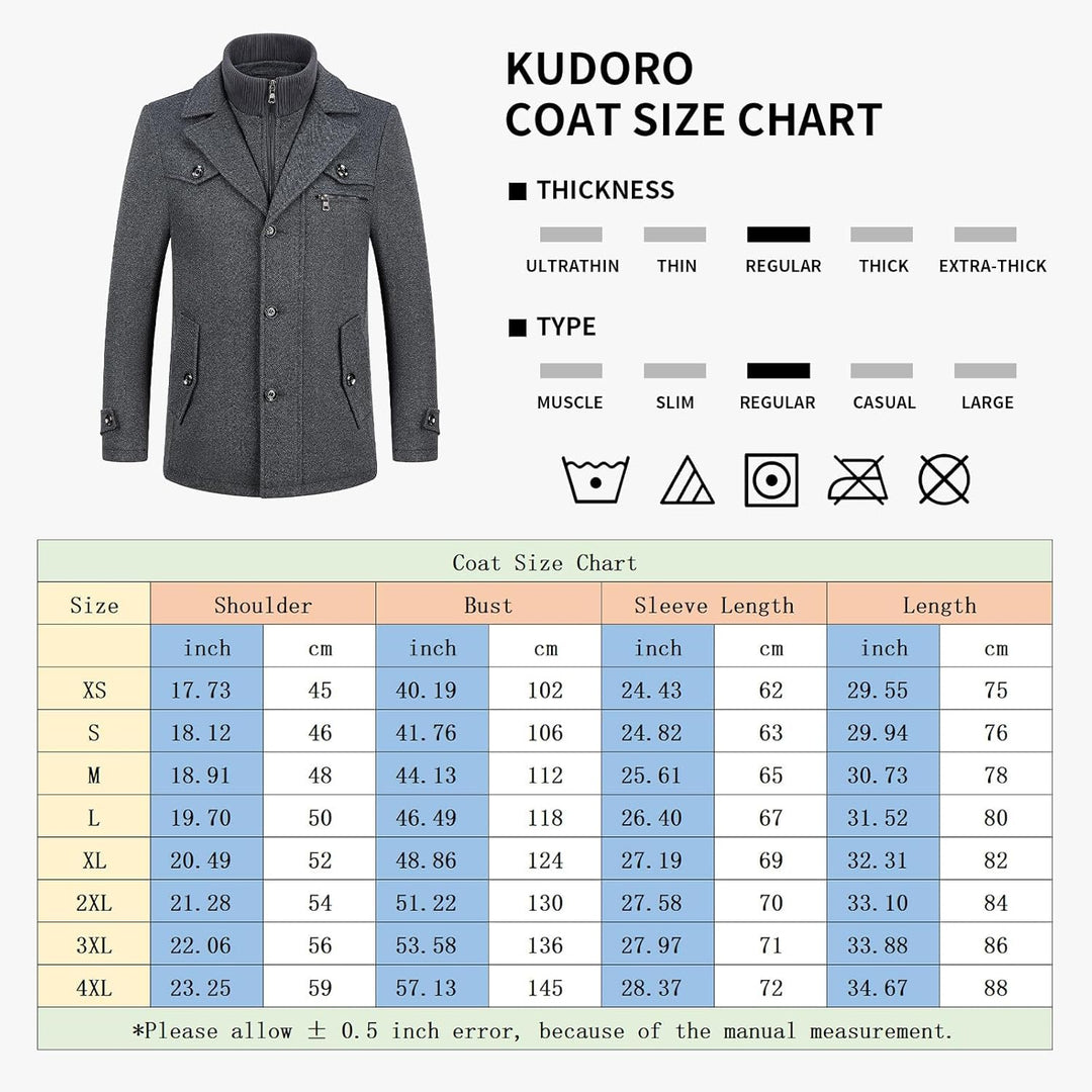 KUDORO Herren Wintermantel Wolle Kurzmantel Herren Wollmantel Mittellang Slim Fit für Business Freiz