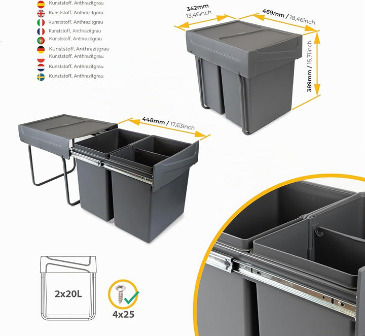 Emuca - Küchenabfalleimer mit unterseitiger Befestigung, 2 ausziehbarer 20 L Recycle-Mülleimer, Gesa