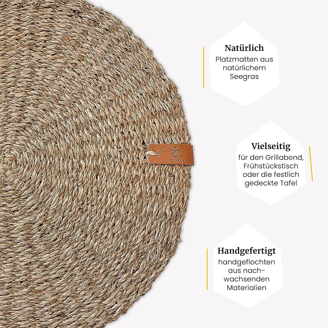 FRIHET® Platzsets rund aus Seegras für Tischdeko | Platzdeckchen für den Esstisch | 4er Tischset Nat