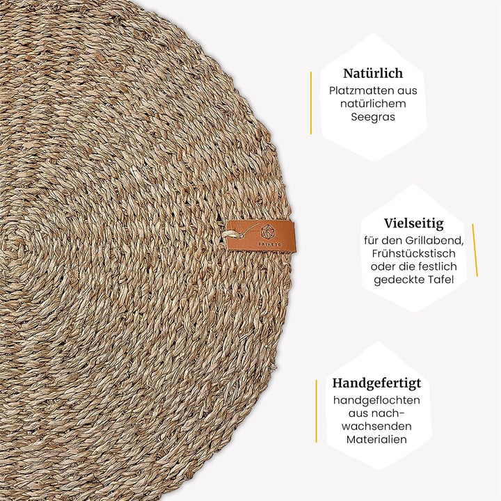 FRIHET® Platzsets rund aus Seegras für Tischdeko | Platzdeckchen für den Esstisch | 4er Tischset Nat