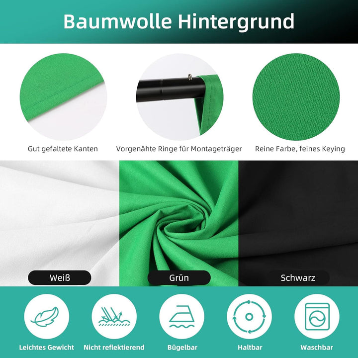 Softbox Fotostudio Set, FGen Baumwolle Greenscreen Set 2.6Mx3M Fotostudio Hintergrundsystem mit 135W