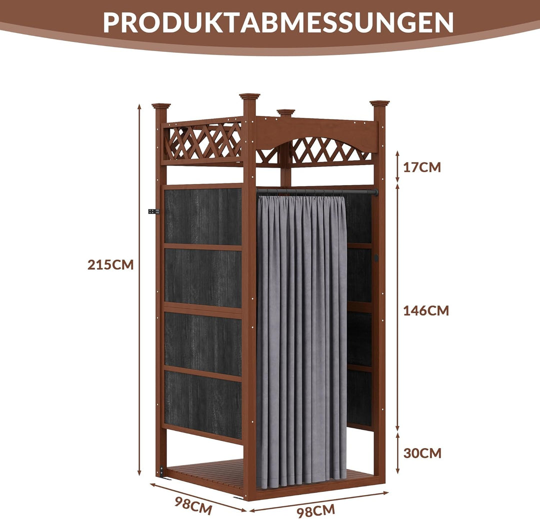 Gartendusche Outdoor Dusche aus Massivholz, Duschkabine & Umkleidekabine mit Duschvorhang & Bodenmat
