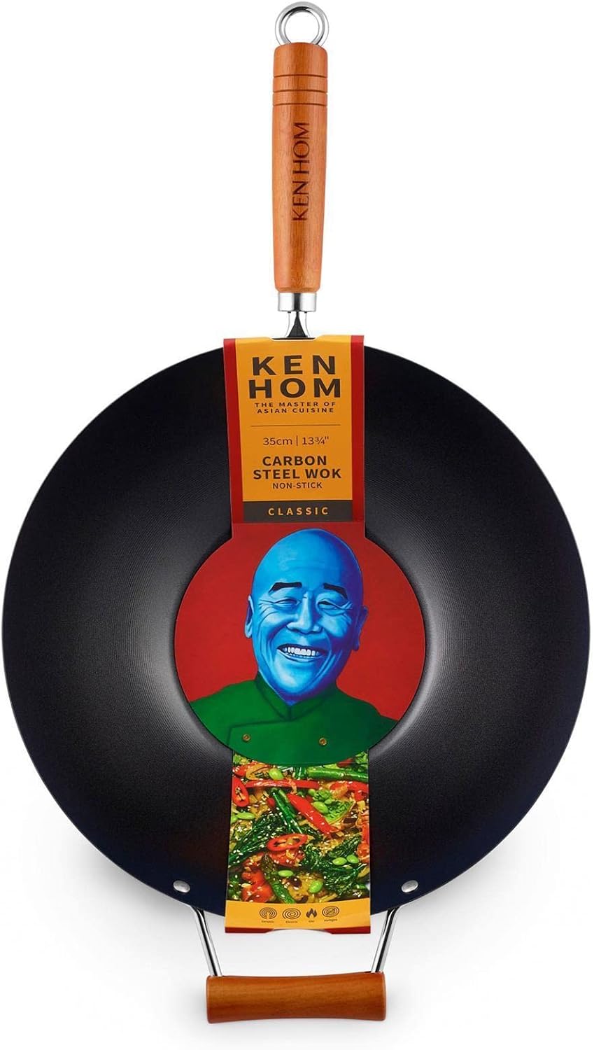 Ken Hom Wok 35 cm antihaftbeschichtet aus Karbonstahl mit Gegengriff - Wok Set inkl. Dampfkorb 20 cm