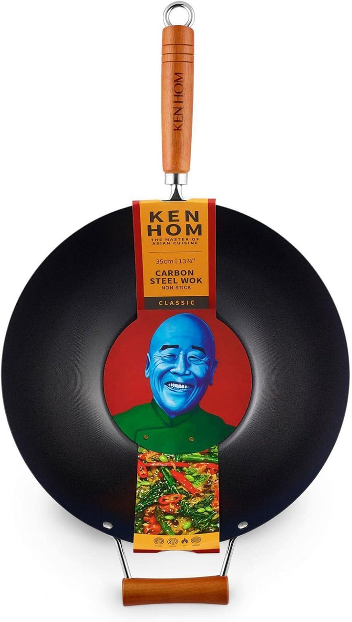 Ken Hom Wok 35 cm antihaftbeschichtet aus Karbonstahl mit Gegengriff - Wok Set inkl. Dampfkorb 20 cm