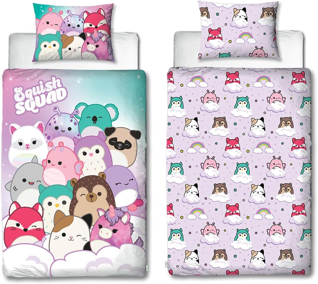 Character World Squishmallows Offizielles Lizenzprodukt, helles Design, Einzelbettwäsche-Set, wendba