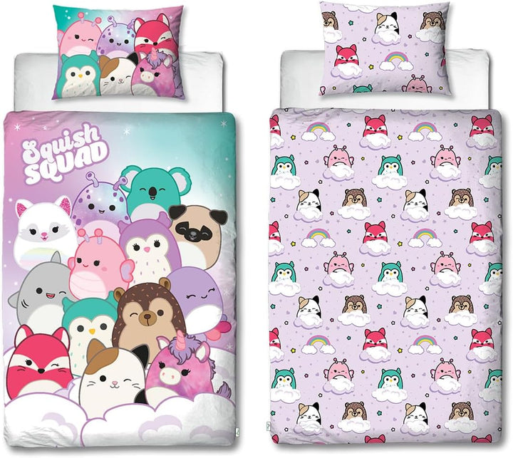 Character World Squishmallows Offizielles Lizenzprodukt, helles Design, Einzelbettwäsche-Set, wendba