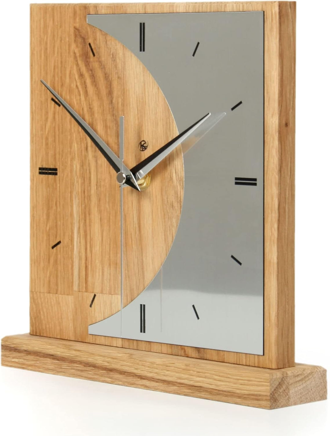 Kreative Feder Designer-STANDUHR „Silvermoon“ aus Eichenholz – analoge TISCHUHR ohne Tickgeräusche (