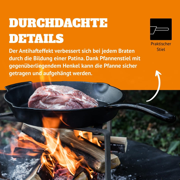 Petromax Feuerpfanne mit Stiel - Pfanne aus Gusseisen für alle Grill- und Herdarten, Gasflamme, Back